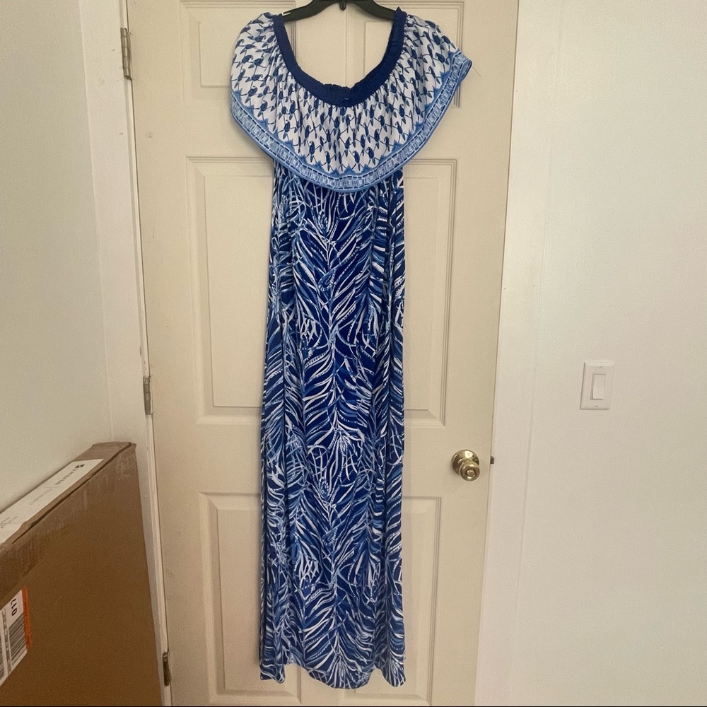 Lilly Pulitzer blue and white maxi dress with slit. Off the shoulder.